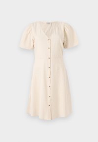 Robe crème à manches courtes avec col en V, boutons sur le devant, épaules bouffantes et jupe évasée longueur genou sur fond clair uni.