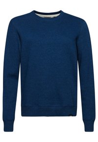 Sudadera de color azul marino hecha de tela suave, con cuello redondo, mangas largas y puños y dobladillo acanalados, con una pequeña etiqueta de logo en la parte delantera.