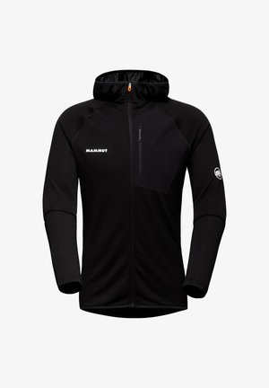 Giacca nera con cappuccio Mammut con cerniera frontale completa, tasca sul petto con cerniera e logo sulla manica sinistra e sul petto.