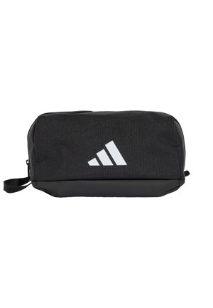 Astuccio da toilette rettangolare nero con logo Adidas bianco, chiusura con zip e piccola maniglia laterale.