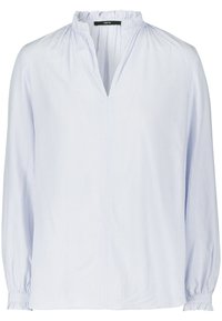 Hellblau gestreifte Bluse mit Rüschensaum und langen Ärmeln. Verfügt über einen V-Ausschnitt und geraffte Bündchen für Textur und Detail.