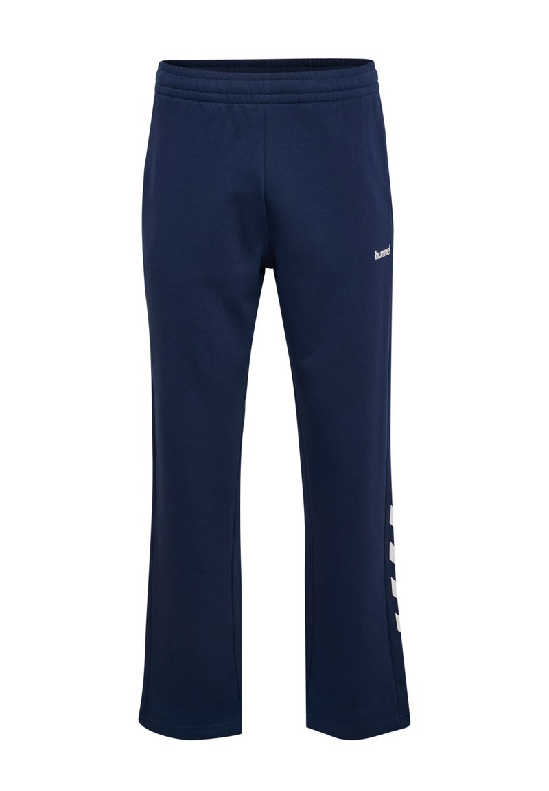 Granatowe spodnie sportowe wykonane z miękkiego materiału, z elastycznym pasem, rozszerzanymi nogawkami i białymi akcentami logo po bokach.