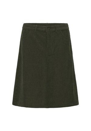 Jupe en velours côtelé vert avec un design évasé, fermeture par boutons sur le devant et deux poches latérales. Présente une texture à côtes verticales.