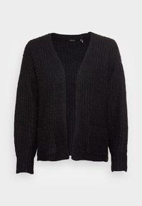 Cardigan nero aperto realizzato in tessuto a maglia testurizzato. Presenta maniche lunghe e due tasche frontali. Design semplice con una vestibilità comoda.