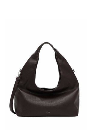 Dark brown textured leather shoulder bag with a wide strap and a detachable thinner crossbody strap.