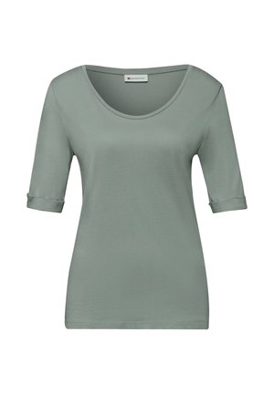 Chemise verte sauge pour femmes à manches courtes avec encolure dégagée et manches retroussées, étiquetée "Street One" à l'intérieur du col.