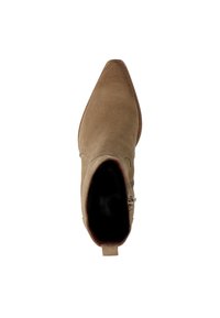 Tan suede ankle boot with a pointed toe, smooth texture, and a side zipper. Leather insole with contrast stitching details.