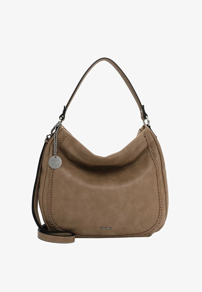 Brun ruskinds skuldertaske med en rund form, dekorativ stikning og et sølvfarvet logo. Justerbar skulderrem medfølger.