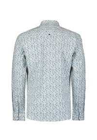 Langarmshirt aus leichtem Stoff mit weißem Grund und geometrischem Muster in Blau und Hellgrau. Standardkragen, Knopfmanschetten, lockere Passform.