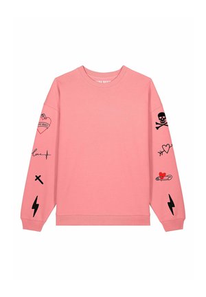Felpa rosa con maniche lunghe. Presenta stampe grafiche nere, tra cui un teschio, cuori e simboli sulle maniche. Realizzata in tessuto morbido.