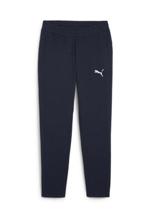 Pantalons de survêtement navy avec une taille élastique, poches latérales, surpiqûres d'accent bleu clair et un logo Puma blanc sur la cuisse gauche.