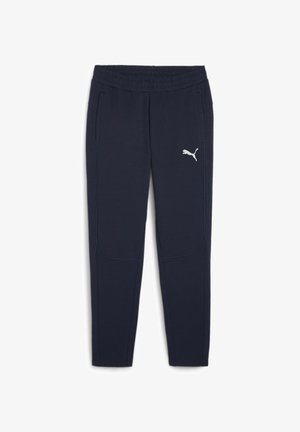 Marinefarbene Sweatpants mit einem elastischen Bund, Seitentaschen, hellblauen Akzentstichen und einem weißen Puma-Logo am linken Oberschenkel.
