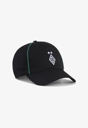 Șapcă de baseball neagră cu dungi verzi, având un logo alb în formă de diamant cu litera „B” și două stele deasupra pe panoul frontal.