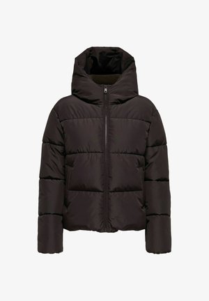 Juodas pūkuotas švarkas su kapišonu, su horizontaliai sukurtomis siūlėmis, priekine zipizmo užtrauktuku ir elastingais rankogaliais. Lygus, sintetinės tekstūros.