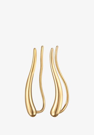 Gouden abstracte oorbellen met slanke, verlengde vormen met zachte rondingen en puntige uiteinden, die een minimalistisch ontwerp benadrukken.