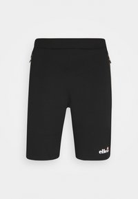 Mustat urheilushortsit, joissa on hauska malli, joustava vyötärö ja sivuvetoketjut. Alhaalla oikeassa jalassa on valkoinen logo.