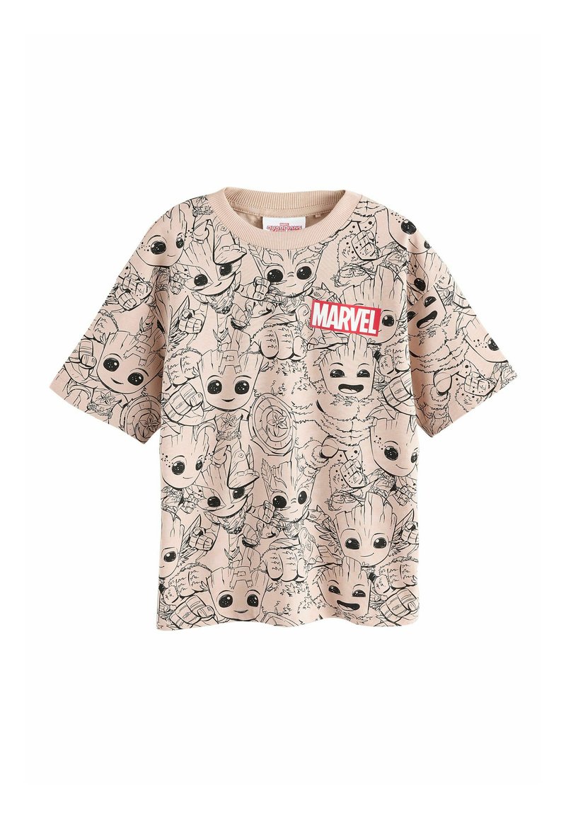 Kortærmet beige t-shirt med sorte stregtegninger af tegneseriefigurer og et rødt "MARVEL" logo på forsiden. Casual pasform, lavet af bomuld.