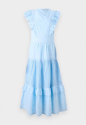 Hele sinine puuvillane kleit, mis on varustatud ripsmetega varrukatega, V-kaelusega ja tikandimuster. Kihiline seelik, millel on volangdetail allääres.