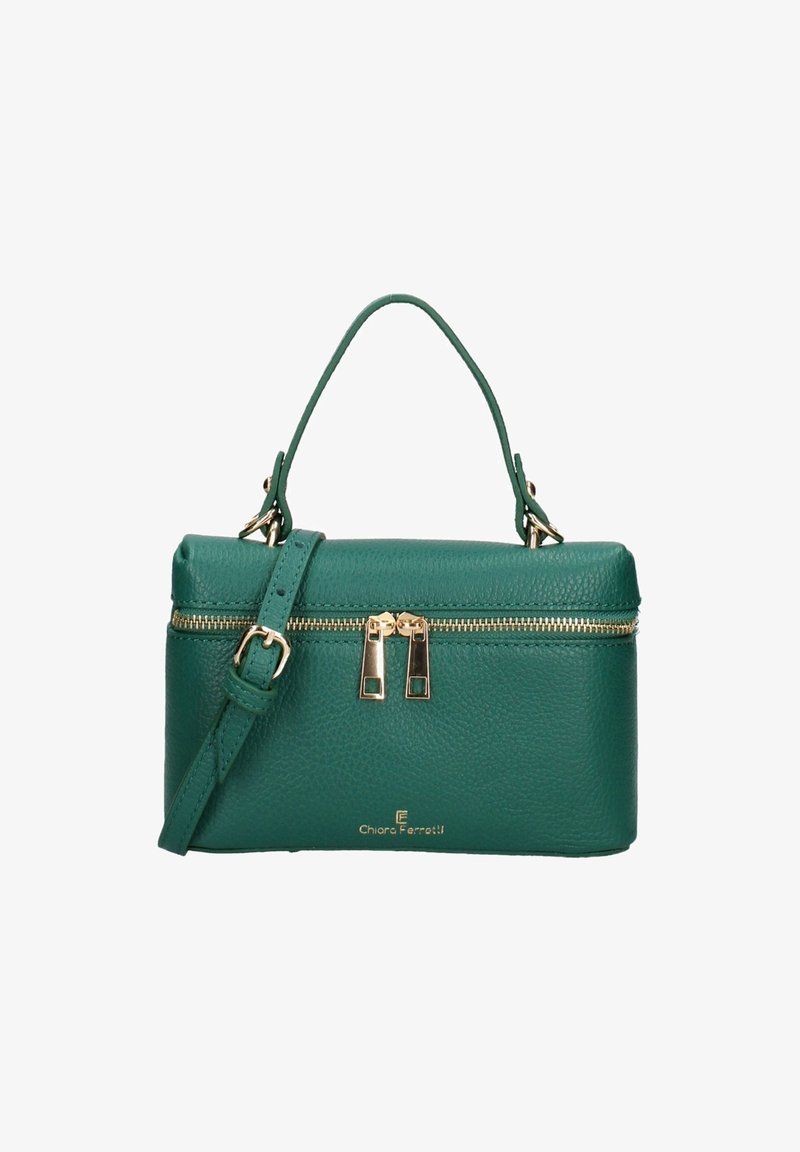 Sac en cuir texturé vert avec des fermetures éclair dorées, poignées doubles, sangle détachable, en forme rectangulaire et logo sur le devant.