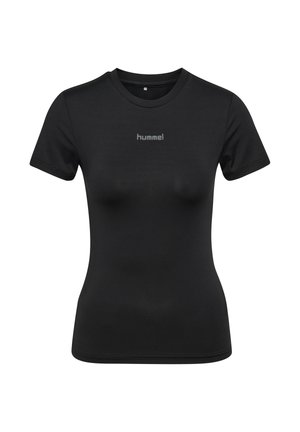 Schwarzes, eng anliegendes T-Shirt mit kurzen Ärmeln und rundem Ausschnitt, mit dem "hummel"-Logo mittig auf der Brust.