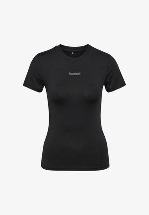 Schwarzes, eng anliegendes T-Shirt mit kurzen Ärmeln und rundem Ausschnitt, mit dem "hummel"-Logo mittig auf der Brust.