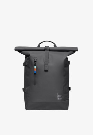 Grijze waterdichte rolltop rugzak met verstelbare banden, een voorkant ritsvak en gekleurde accenten in blauw, rood en lichtblauw. Voorzien van logo-print.