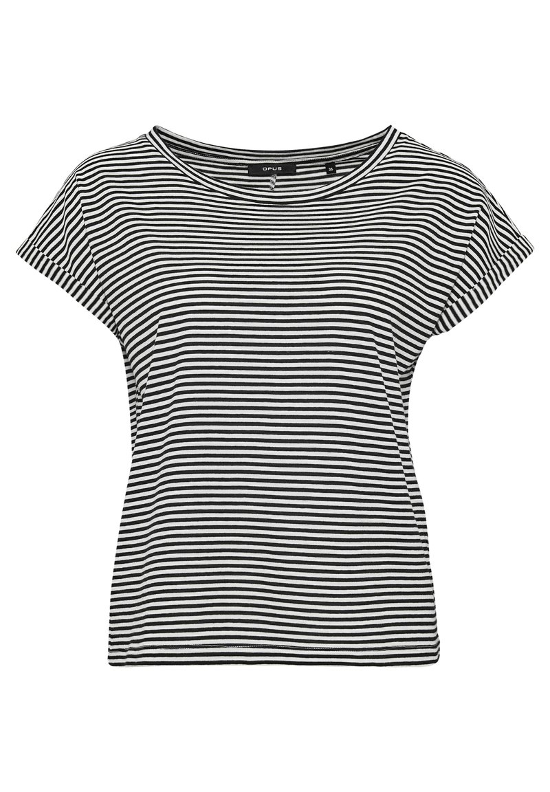 Černobíle pruhované krátké rukávy tričko s kulatým výstřihem a uvolněným střihem, vyrobené z měkké, lehké tkaniny.