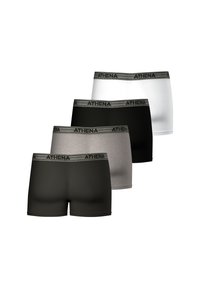 Quatre paires de boxers pour hommes en gris, noir et blanc, dotés de ceintures élastiques avec le logo "ATHENA" en lettres noires. Matière en coton doux.