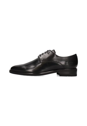 Zapato de vestir para hombre de cuero negro con cordones cerrados, punta afilada y tacón bajo, mostrado desde el lado exterior sobre un fondo blanco.