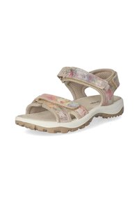 Lightweight, beige sandals with colorful floral accents. Adjustable straps and textured outsole for grip and comfort. Open-toe design.