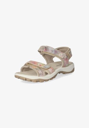 Leichte, beige Sandalen mit bunten Blumenakzenten. Verstellbare Riemen und strukturierte Sohlen für Grip und Komfort. Offenes Zehendesign.