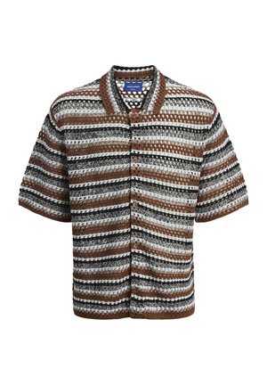 Korte mouwen cardigan in bruin, zwart en witte strepen. Textuur gebreide stof met een knoopsluiting aan de voorkant en een contrasterende kraag.