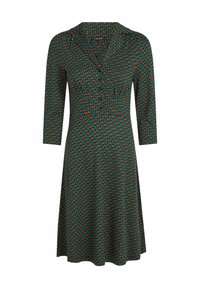 Vestido verde con mangas de tres cuartos, que presenta un patrón geométrico en naranja y azul. Escote en V y diseño de falda acampanada. Tejido suave.