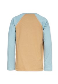 Langærmet skjorte med en beige krop og lyseblå raglanærmer. Blødt bomuldsstof med kontrastfarvede ærmer og synlige syningsdetaljer.