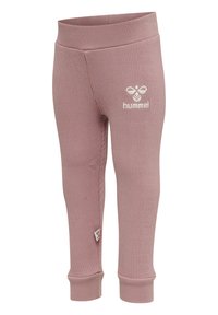 Rosa ribbade leggings med en mjuk textur, med en vit broderad logotyp och en liten tagg på sidan. Midjebandet är slätt och elastiskt.