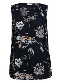 Haut sans manches en v avec un motif floral en crème et pêche claire, de couleur marine. Fabriqué en tissu léger et semi-transparent.