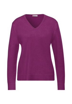 V-kaula purple neule, joka on valmistettu sileästä neuloksesta. Ominaisuuksina pitkät hihat ja ribatulla helma, mikä tuo istuvuuden.