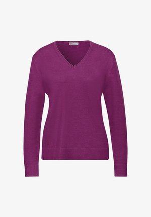 V-neck purple sweater made from a smooth knit fabric. Features long sleeves and ribbed hems for a fitted look.