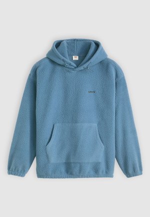 Sudadera de forro polar azul con un bolsillo tipo canguro, capucha con cordón y el logotipo bordado de "Levi's". Tejido texturizado y cálido con mangas largas.