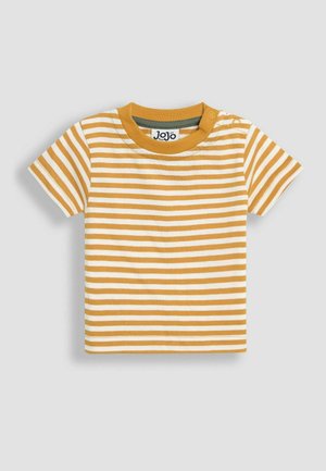 Dzeltaini un balti svītrots īsām piedurknēm T-krekls ar apaļu kakla izgriezumu un pogu detaļu uz pleca, izgatavots no mīksta kokvilnas materiāla.