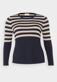 Pull à manches longues rayé avec des bandes horizontales bleu marine et beige, col rond et une texture de tissu douce et lisse.