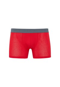 Red boxer briefs with a grey elastic waistband featuring embossed text. The fabric has a smooth texture and a fitted design.
