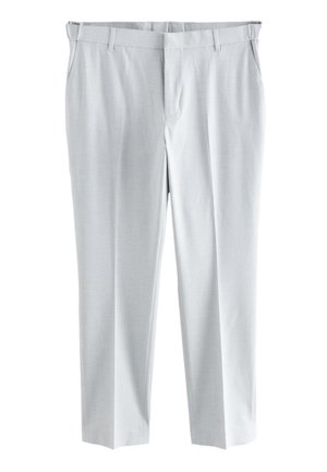 Light gray men's dress pants with side pockets, belt loops, and a front zipper closure, shown flat and straight.