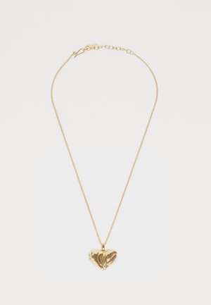 Arany nyaklánc szív alakú medállal, sima, fényes felülettel és finom lánccal, amely állítható hosszúságú.