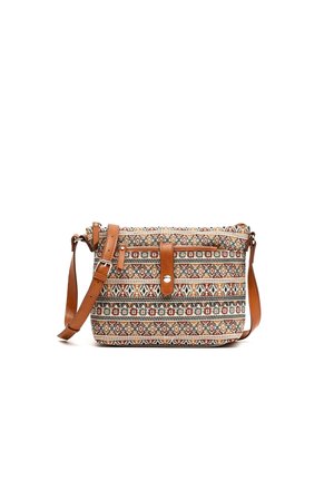 Sac en tissu multicolore avec motifs géométriques, accents en cuir beige, bandoulière ajustable, fermeture zippée et bouton-pression.