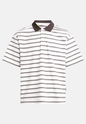 Short-sleeve polo shirt in white with dark brown horizontal stripes. Features a contrasting dark brown collar and soft cotton fabric.