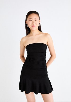 Black strapless dress with gathered texture, fitted bodice, and flared skirt; made from a stretchy material for a sleek silhouette.