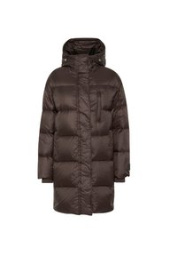 Brown puffer jacket with a hood, filled with insulation, featuring a front zipper, a chest pocket, and ribbed cuffs. Smooth, shiny texture.