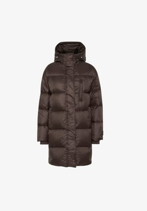 Hnedá pufovaná bunda s kapucňou, plnená izolačným materiálom, s predným zipsom, vreckom na hrudi a pruhovanými manžetami. Hladký, lesklý povrch.