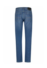 Strakke blauwe spijkerbroek met een gladde textuur, voorzien van een achterpand, twee achterzakken en een leren merklabel op de taille.